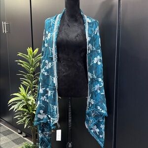 Ann Taylor Wrap/scarf, fringe trim, oversized,Dark Aqua/blue/gray